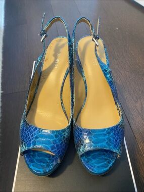 Nine West Turquoise Blue Snakeskin Slingback Peep-Toe Heels